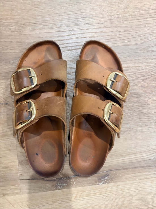 Birkenstock Shoes - Birkenstock Brown Double-Buckle Leather Slide Sandals